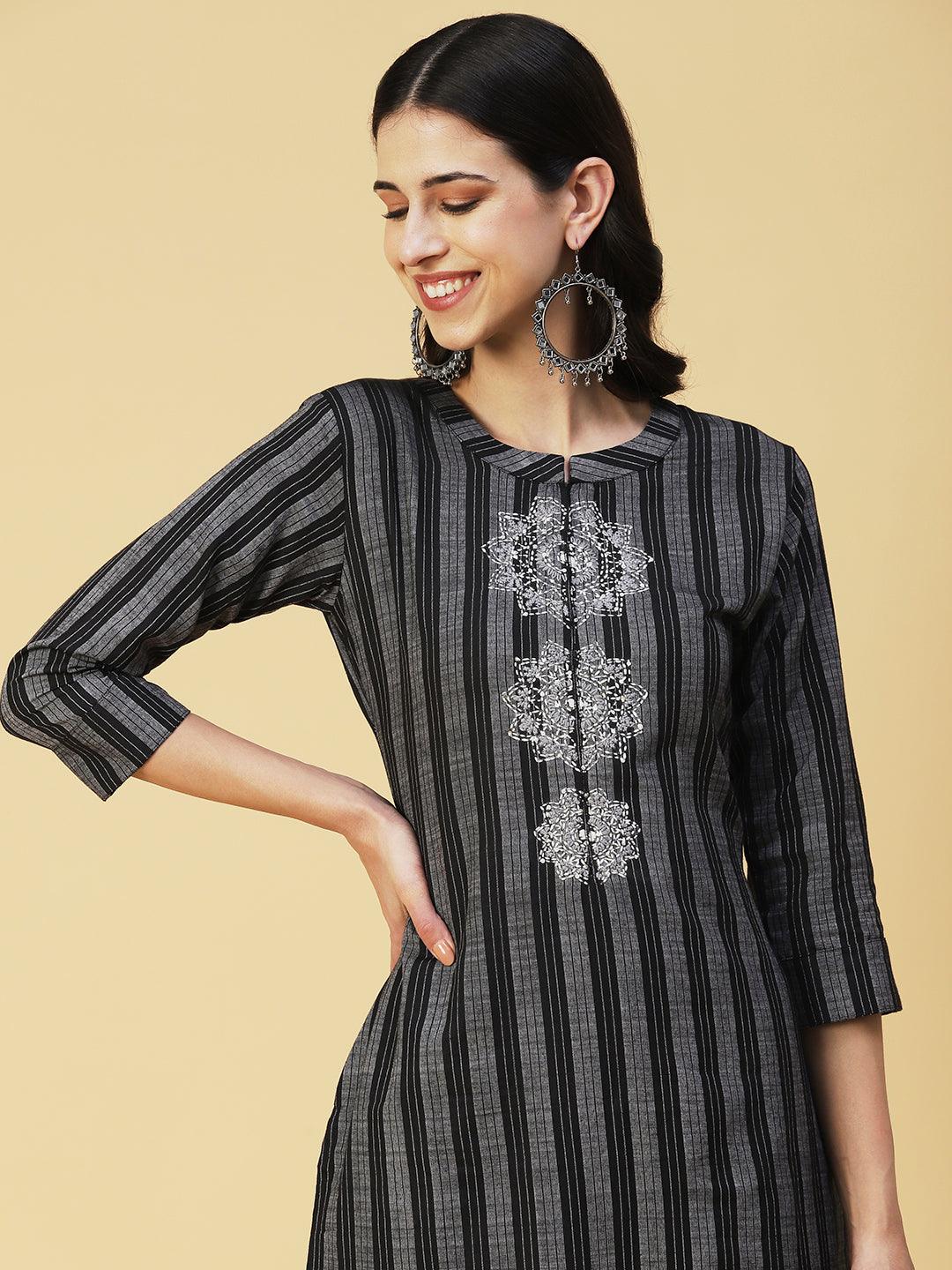 Striped Resham Embroidered Kurta with Pants & Dupatta - Black - Indiakreations