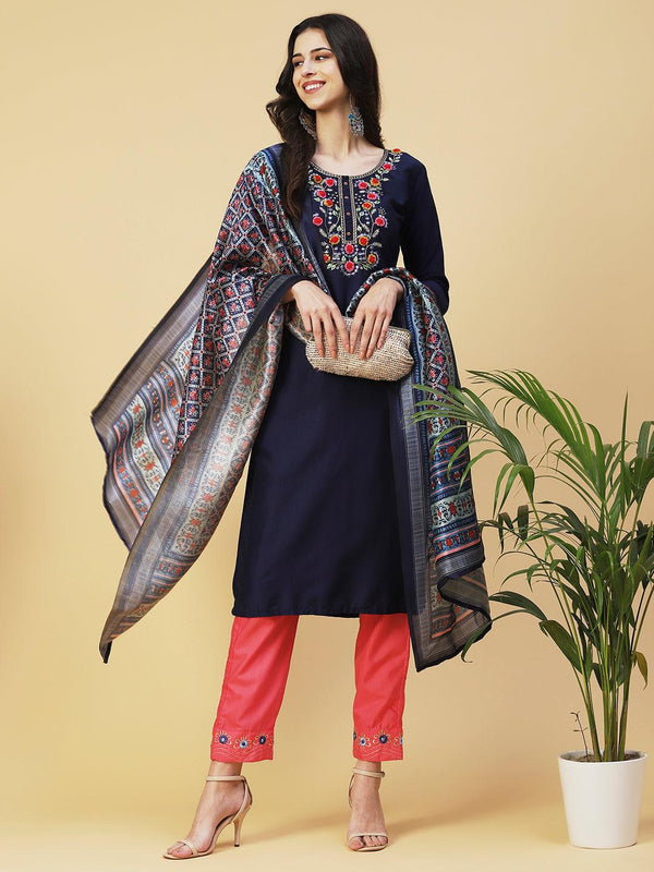 Solid Floral Embroidered Straight Kurta with Pant & Dupatta - Navy Blue - Indiakreations