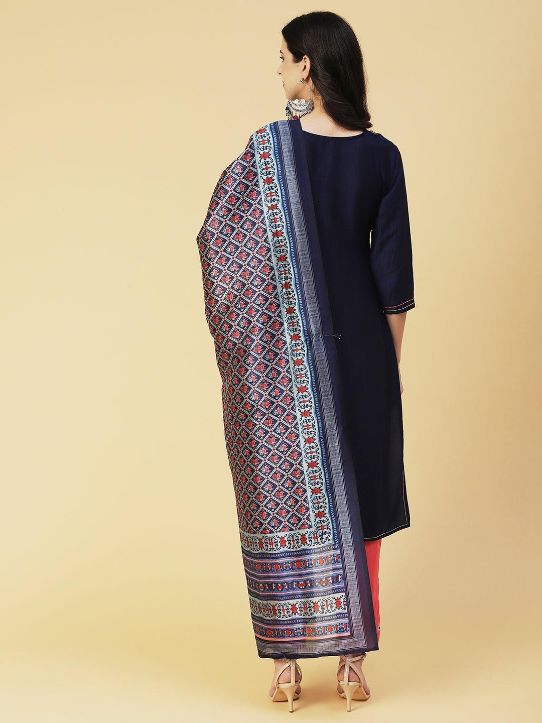 Solid Floral Embroidered Straight Kurta with Pant & Dupatta - Navy Blue - Indiakreations