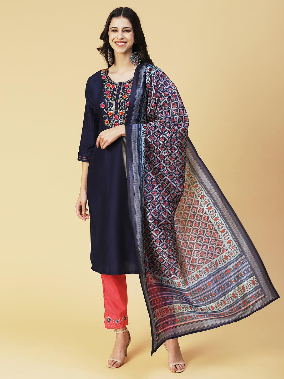 Solid Floral Embroidered Straight Kurta with Pant & Dupatta - Navy Blue - Indiakreations