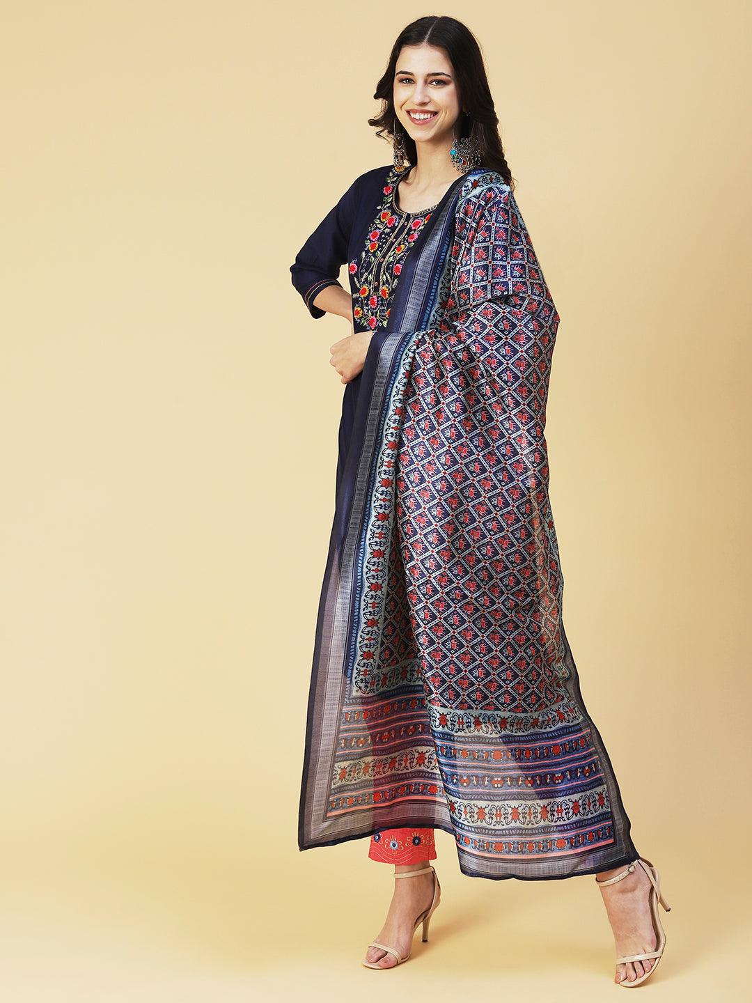 Solid Floral Embroidered Straight Kurta with Pant & Dupatta - Navy Blue - Indiakreations