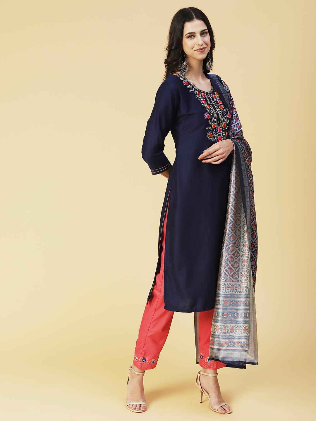 Solid Floral Embroidered Straight Kurta with Pant & Dupatta - Navy Blue - Indiakreations