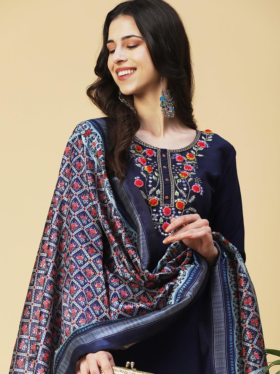 Solid Floral Embroidered Straight Kurta with Pant & Dupatta - Navy Blue - Indiakreations