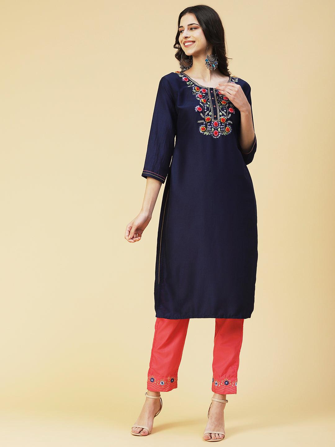 Solid Floral Embroidered Straight Kurta with Pant & Dupatta - Navy Blue - Indiakreations