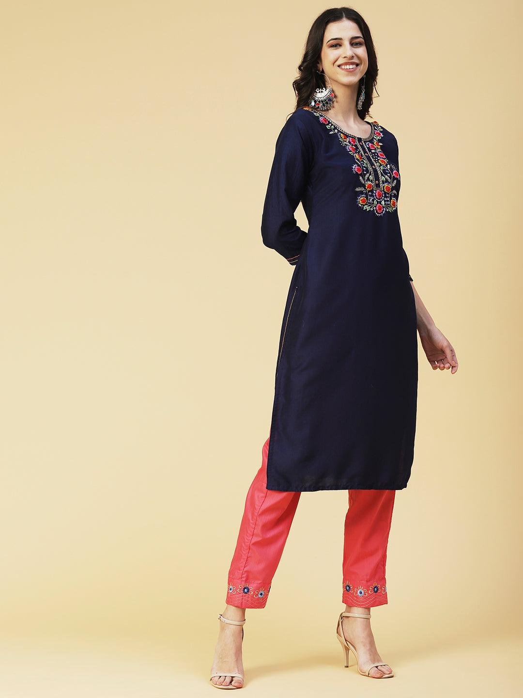 Solid Floral Embroidered Straight Kurta with Pant & Dupatta - Navy Blue - Indiakreations