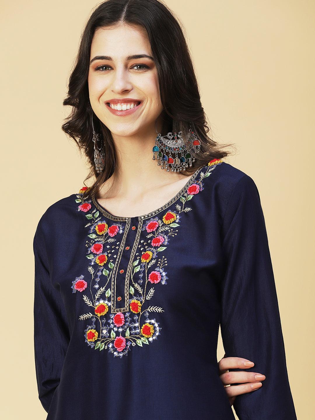 Solid Floral Embroidered Straight Kurta with Pant & Dupatta - Navy Blue - Indiakreations