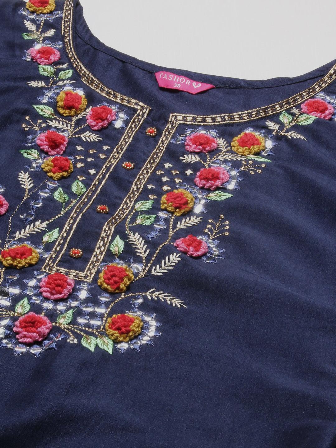 Solid Floral Embroidered Straight Kurta with Pant & Dupatta - Navy Blue - Indiakreations