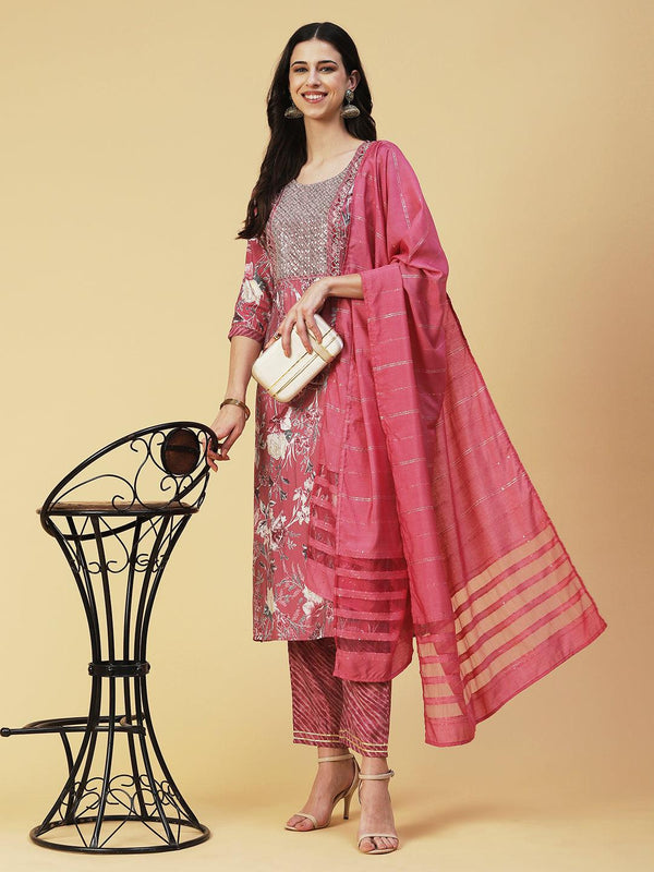 Floral Printed Zari Embroidered Kurta With Pants & Dupatta - Dark Rose Gold - Indiakreations