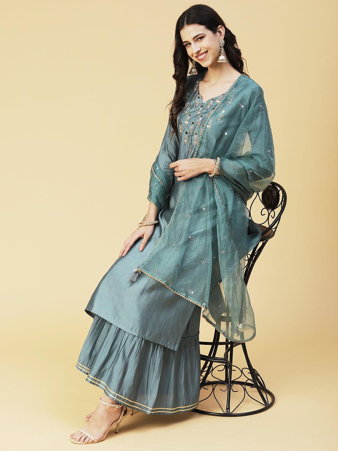 Solid Hand Embroidered kurta With Sharara & Dupatta - Green - Indiakreations