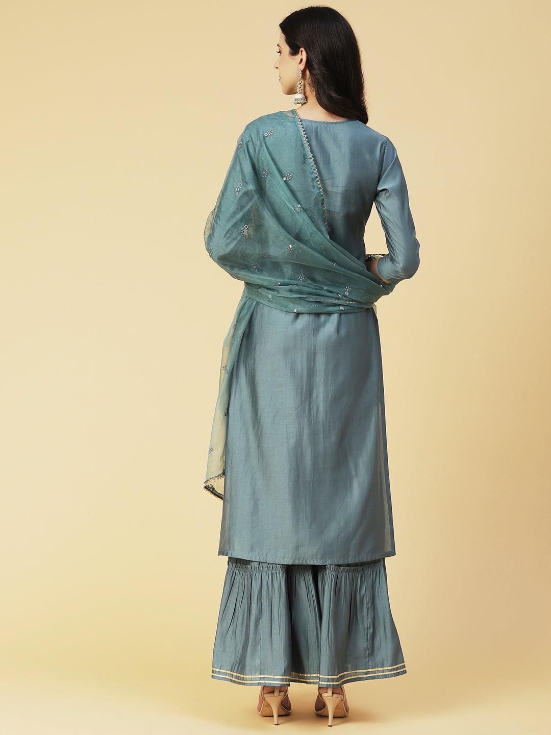 Solid Hand Embroidered kurta With Sharara & Dupatta - Green - Indiakreations