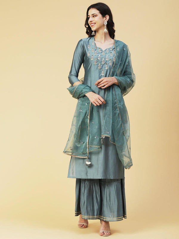 Solid Hand Embroidered kurta With Sharara & Dupatta - Green - Indiakreations