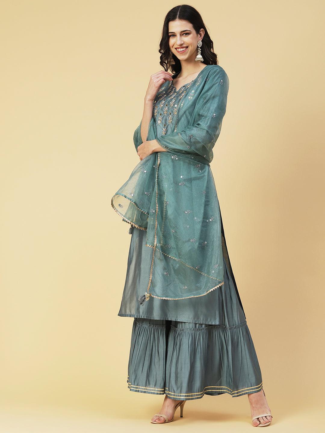 Solid Hand Embroidered kurta With Sharara & Dupatta - Green - Indiakreations