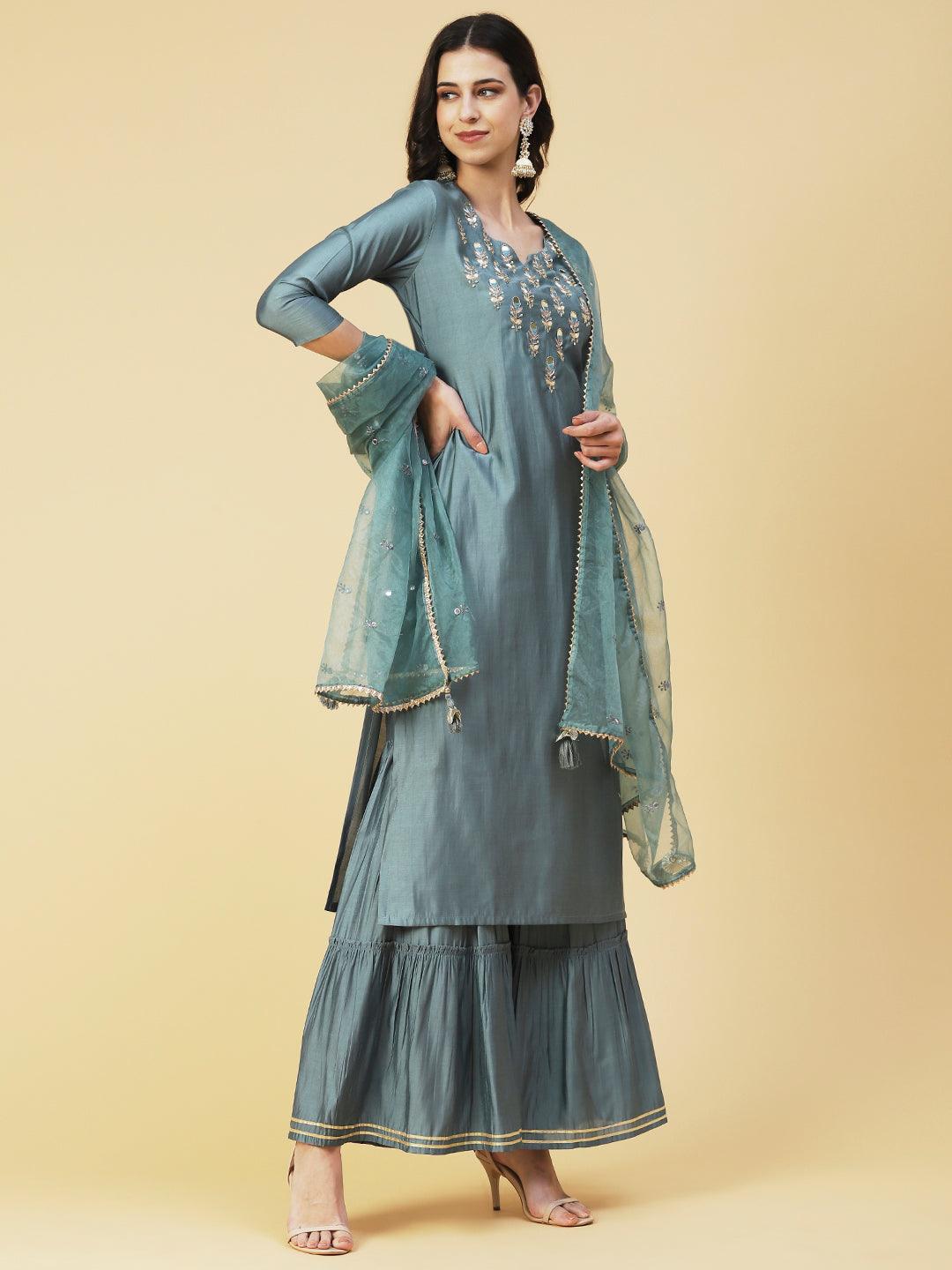 Solid Hand Embroidered kurta With Sharara & Dupatta - Green - Indiakreations