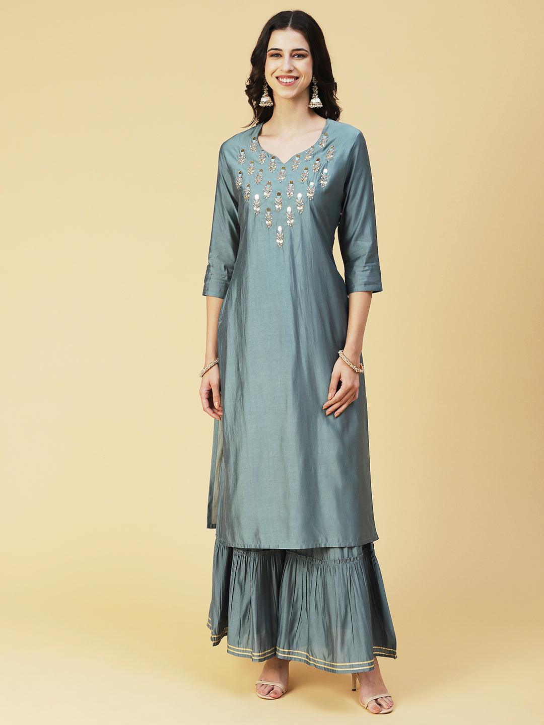 Solid Hand Embroidered kurta With Sharara & Dupatta - Green - Indiakreations