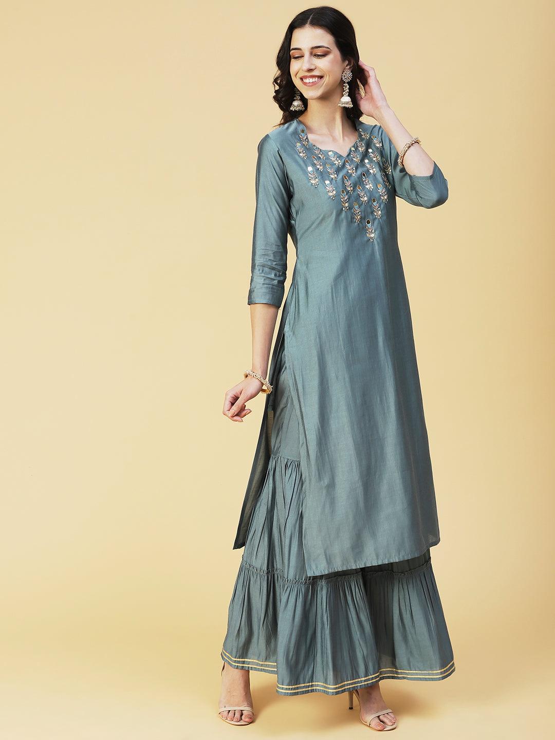 Solid Hand Embroidered kurta With Sharara & Dupatta - Green - Indiakreations