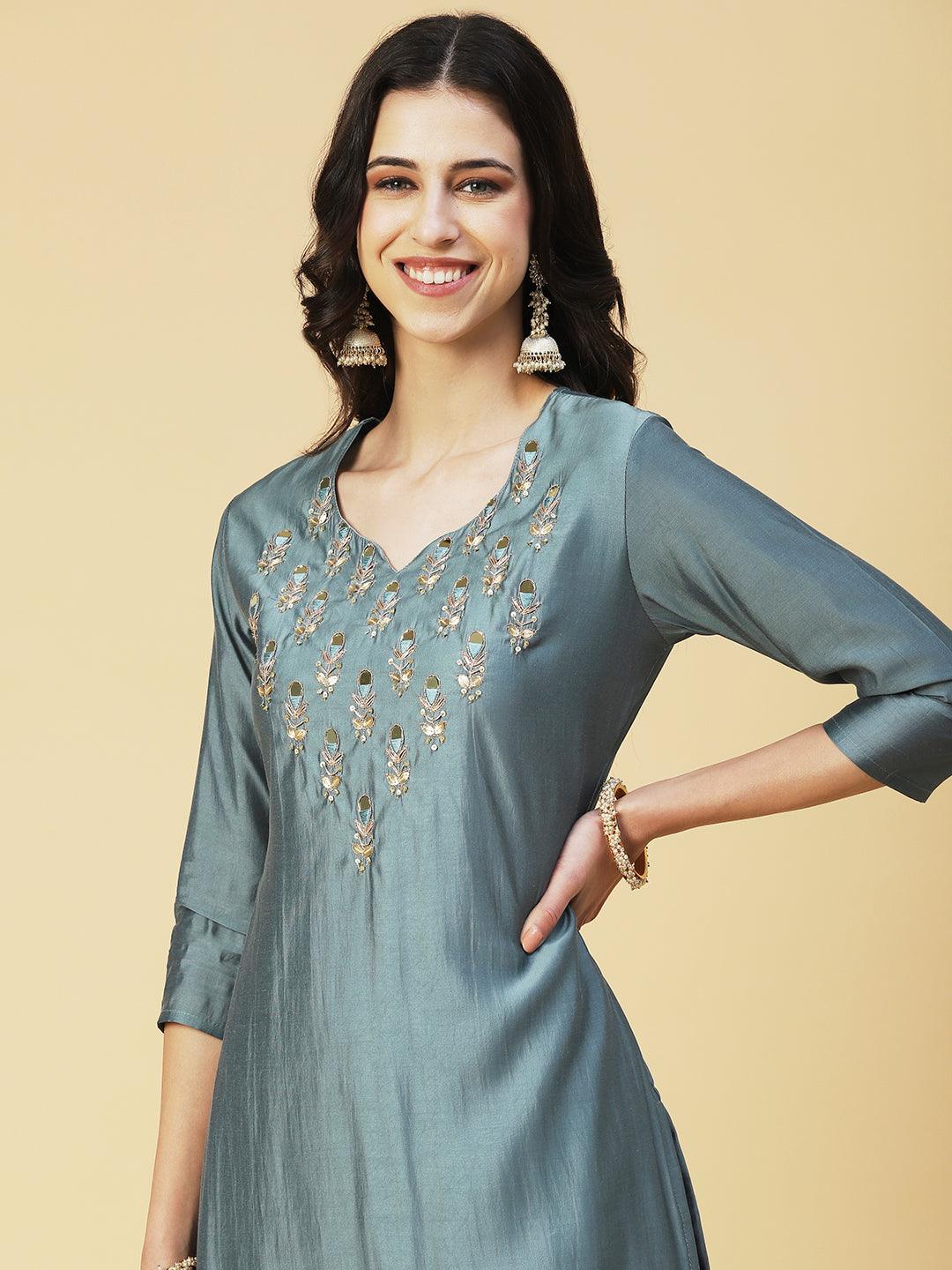 Solid Hand Embroidered kurta With Sharara & Dupatta - Green - Indiakreations