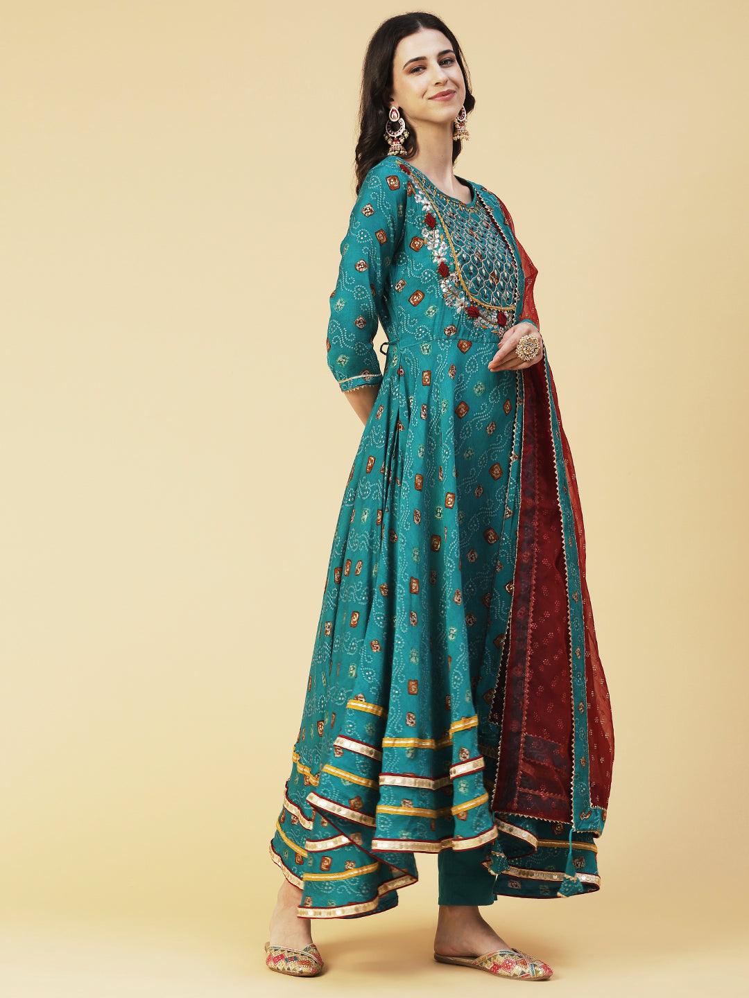 Bandhani Printed Gotapatti Embroidered Kurta With Pants & Dupatta - Green - Indiakreations