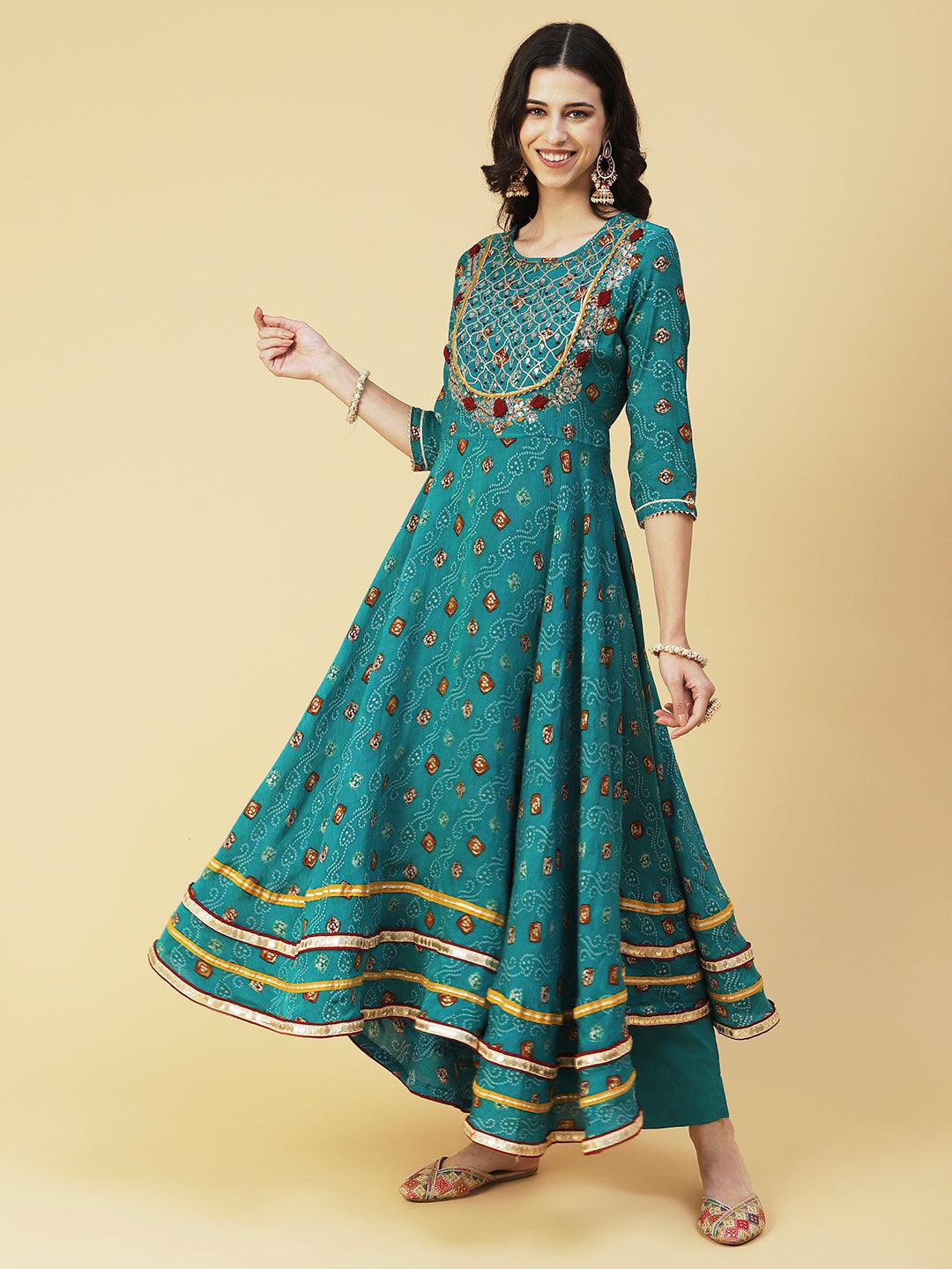 Bandhani Printed Gotapatti Embroidered Kurta With Pants & Dupatta - Green - Indiakreations