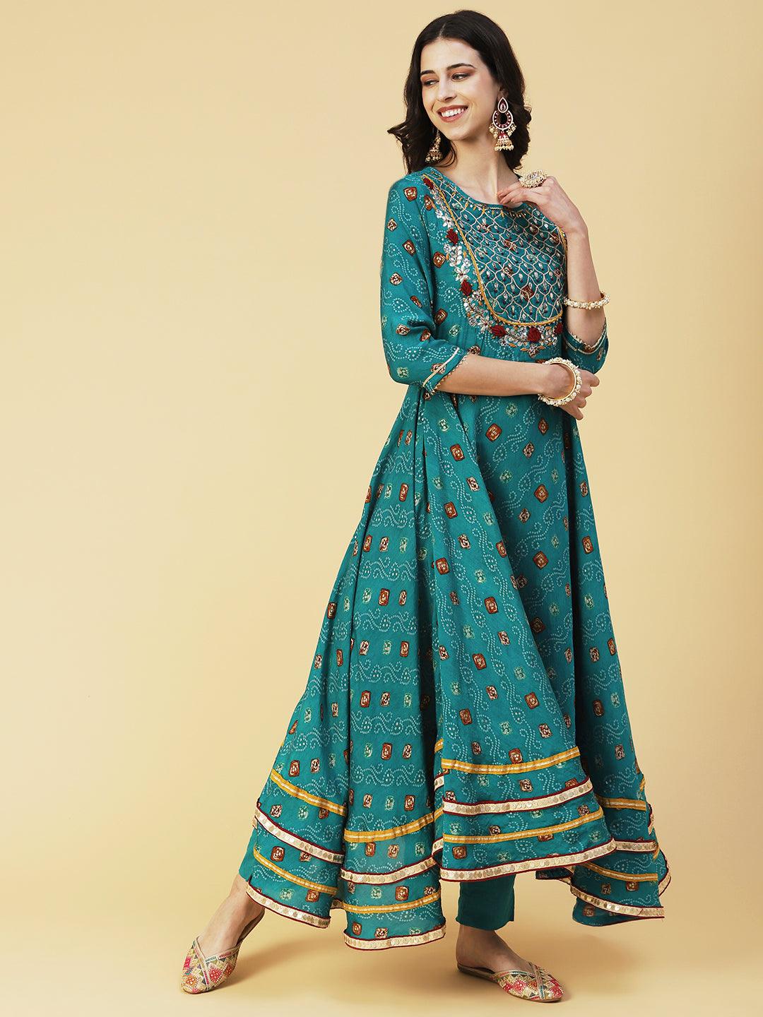 Bandhani Printed Gotapatti Embroidered Kurta With Pants & Dupatta - Green - Indiakreations