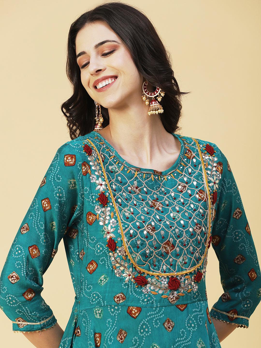 Bandhani Printed Gotapatti Embroidered Kurta With Pants & Dupatta - Green - Indiakreations