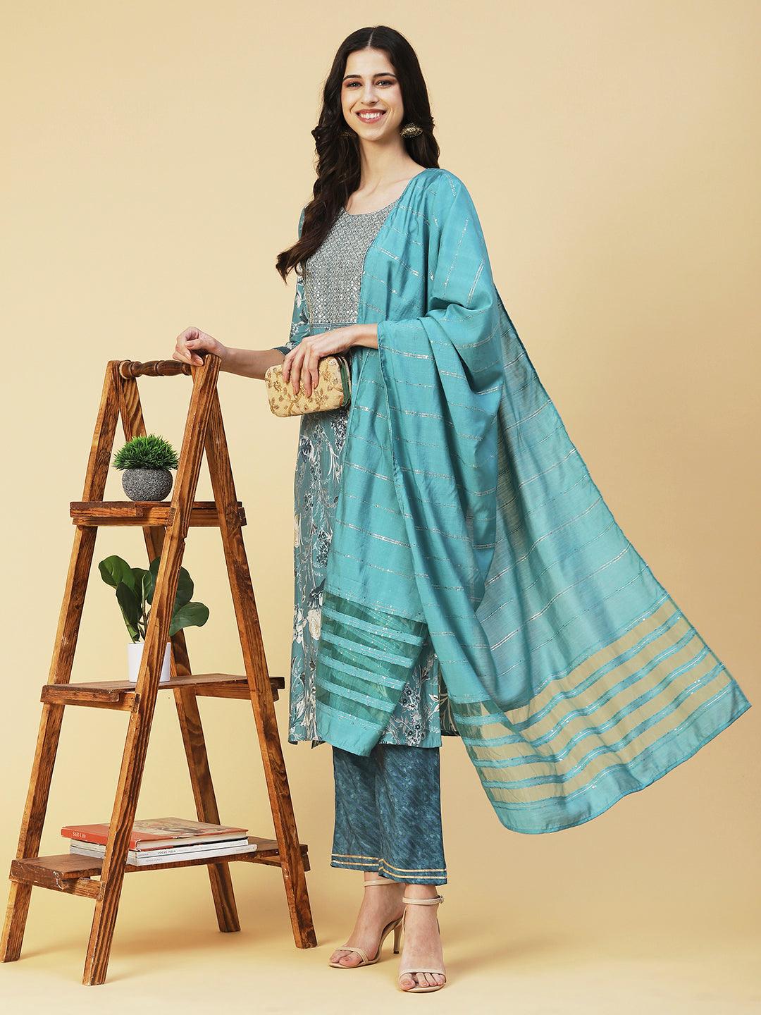 Floral Printed Zari Embroidered Kurta With Pants & Dupatta - Sea Green - Indiakreations