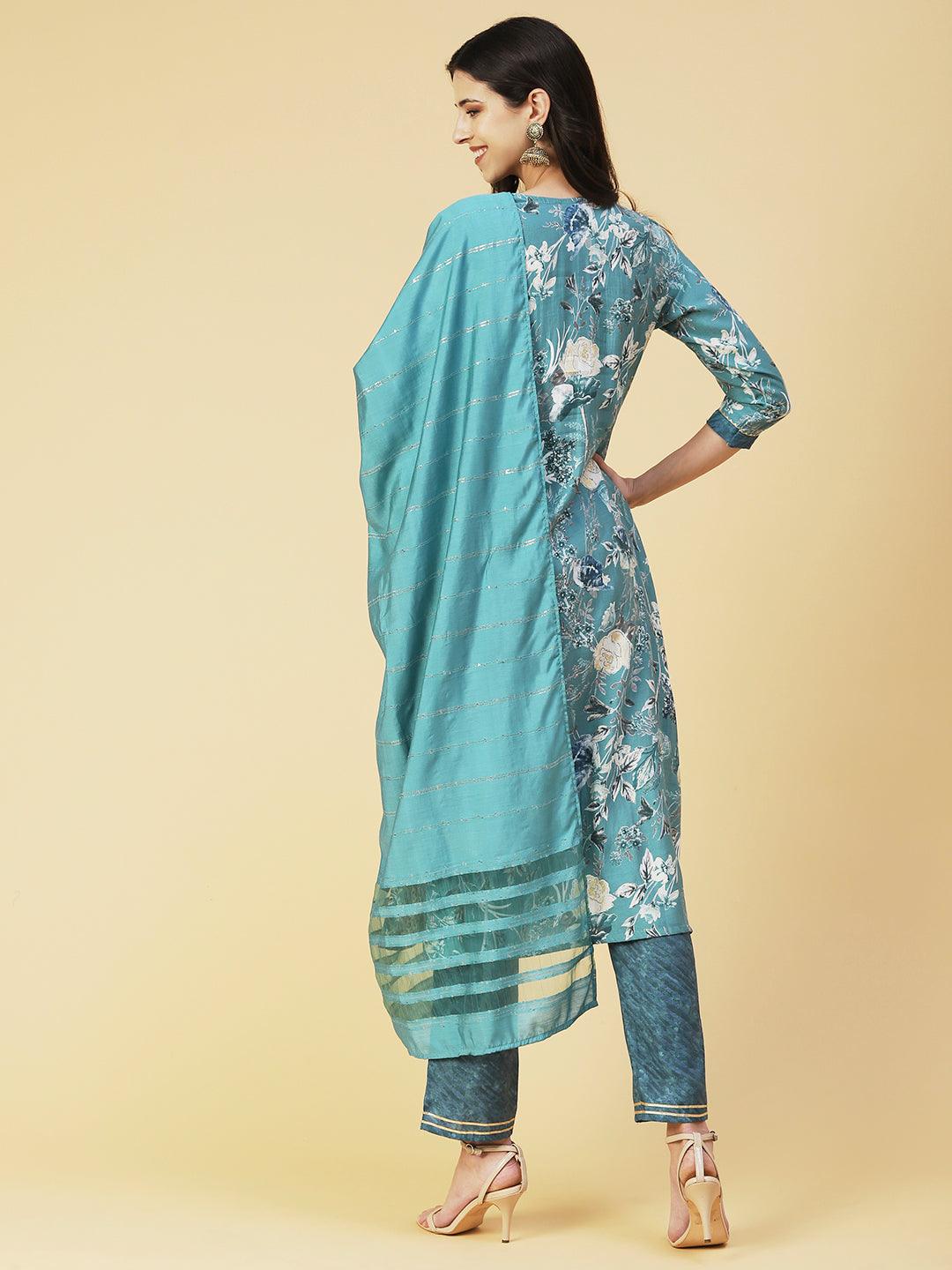 Floral Printed Zari Embroidered Kurta With Pants & Dupatta - Sea Green - Indiakreations