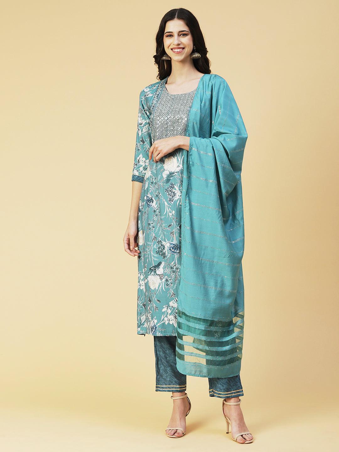 Floral Printed Zari Embroidered Kurta With Pants & Dupatta - Sea Green - Indiakreations