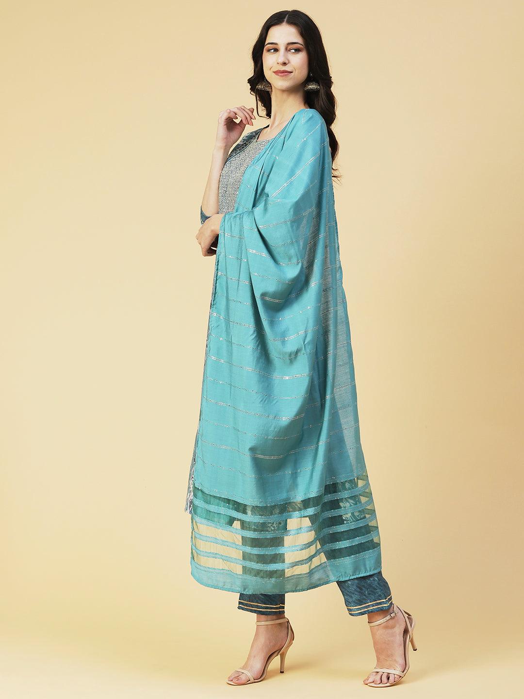 Floral Printed Zari Embroidered Kurta With Pants & Dupatta - Sea Green - Indiakreations