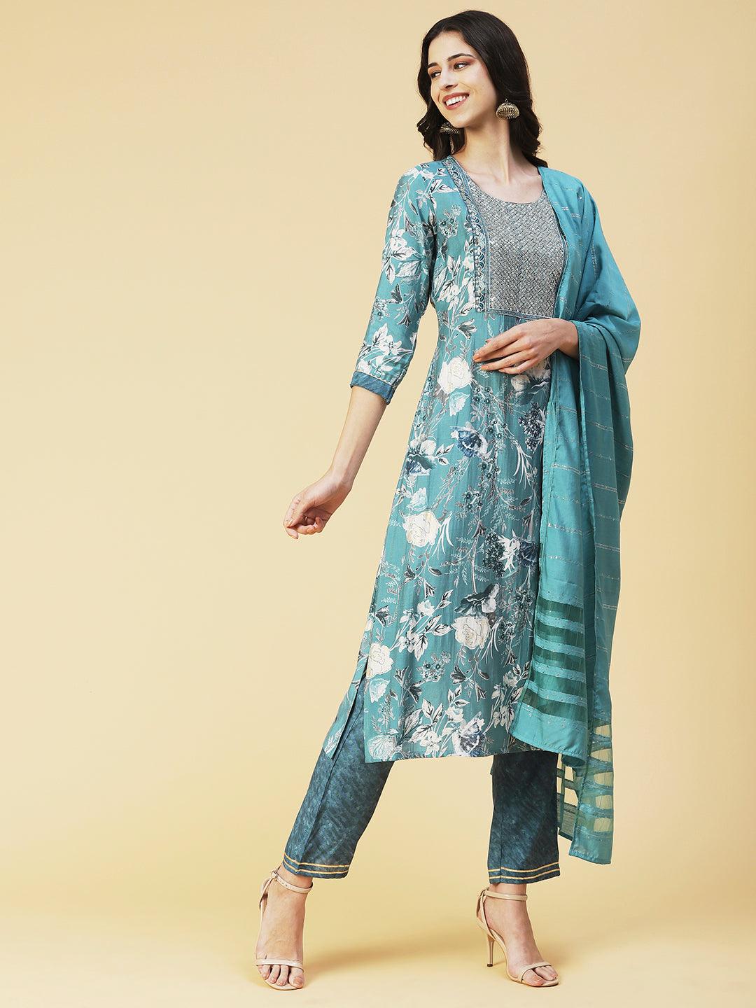 Floral Printed Zari Embroidered Kurta With Pants & Dupatta - Sea Green - Indiakreations