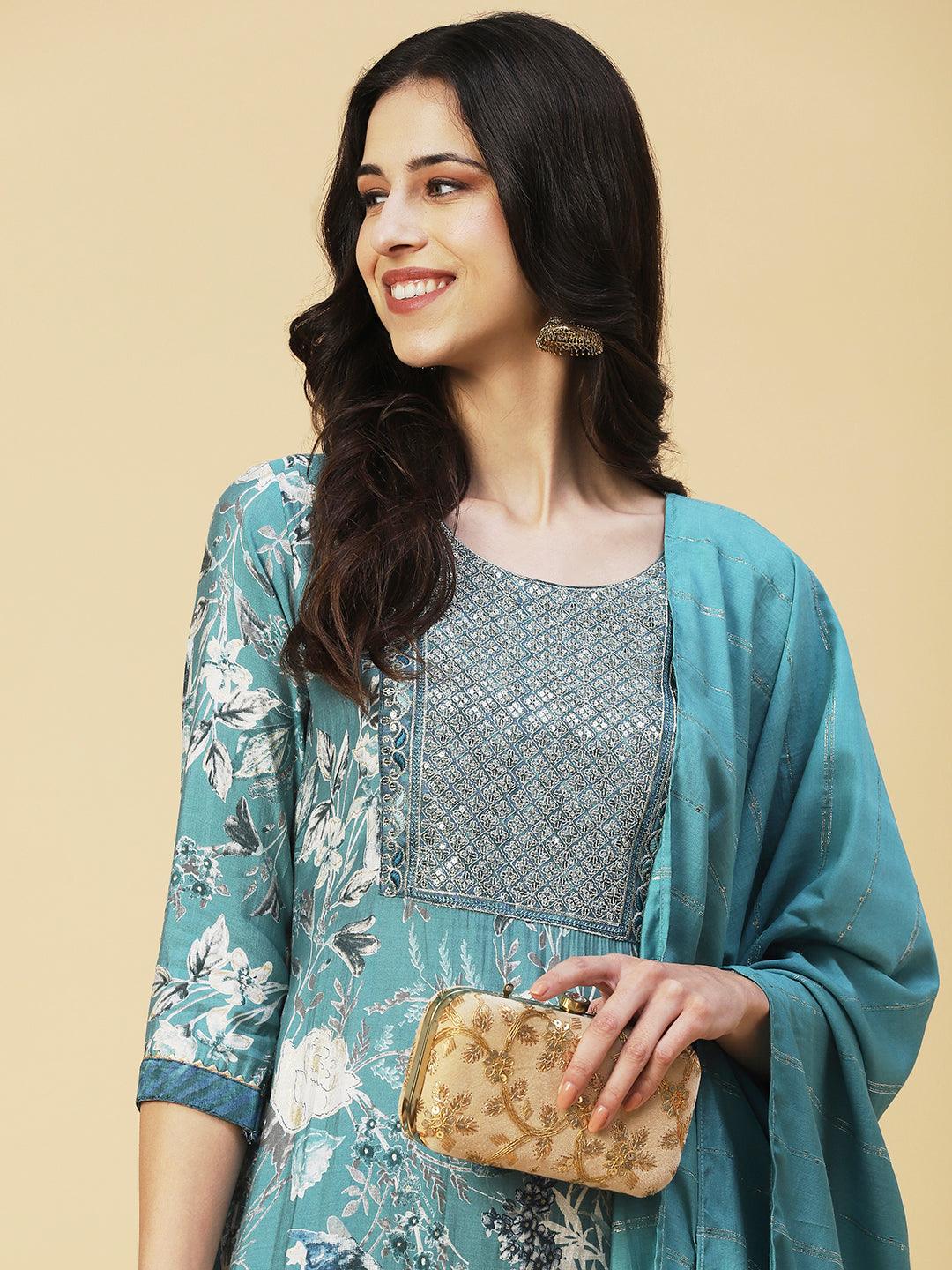 Floral Printed Zari Embroidered Kurta With Pants & Dupatta - Sea Green - Indiakreations