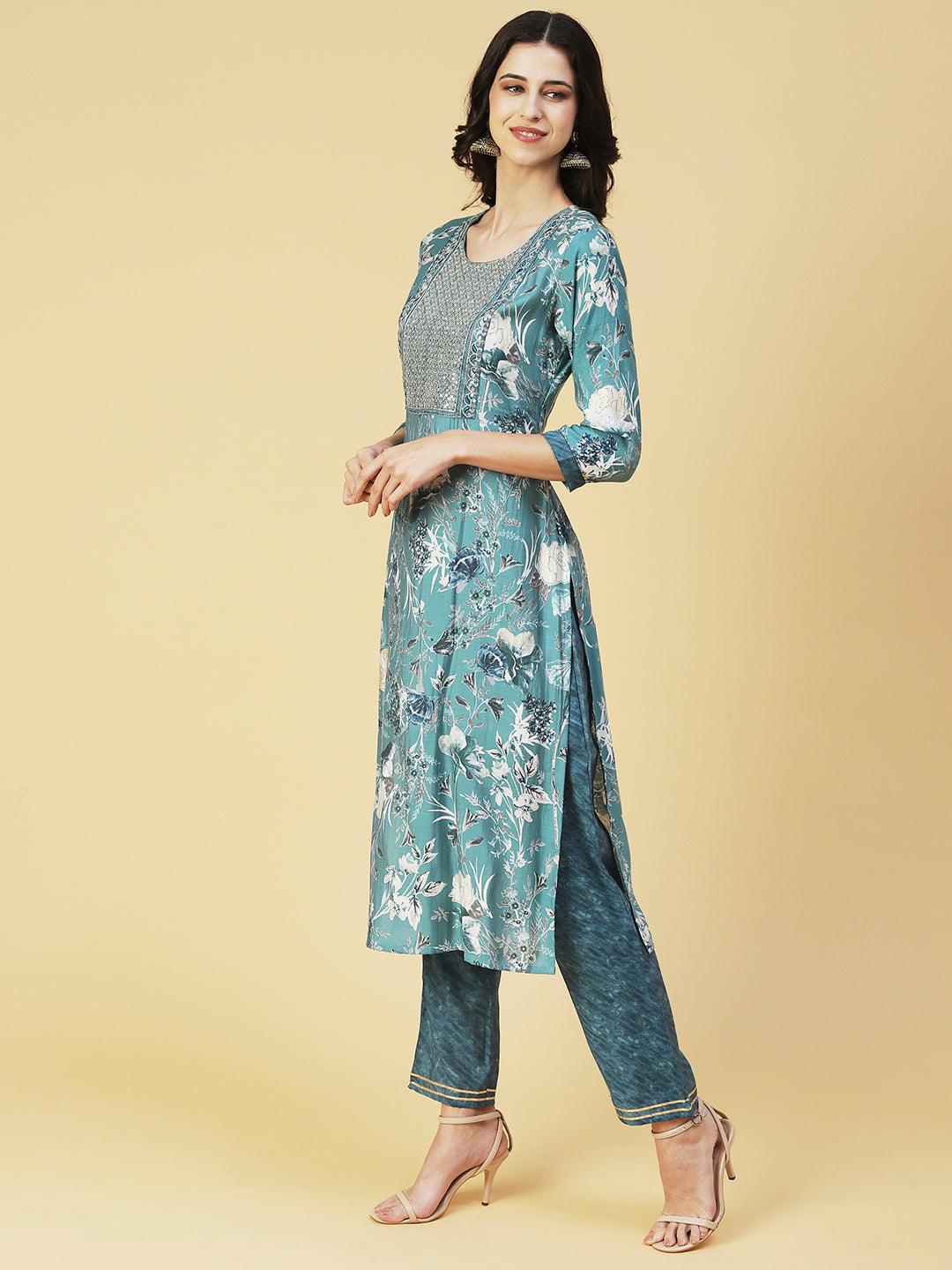 Floral Printed Zari Embroidered Kurta With Pants & Dupatta - Sea Green - Indiakreations