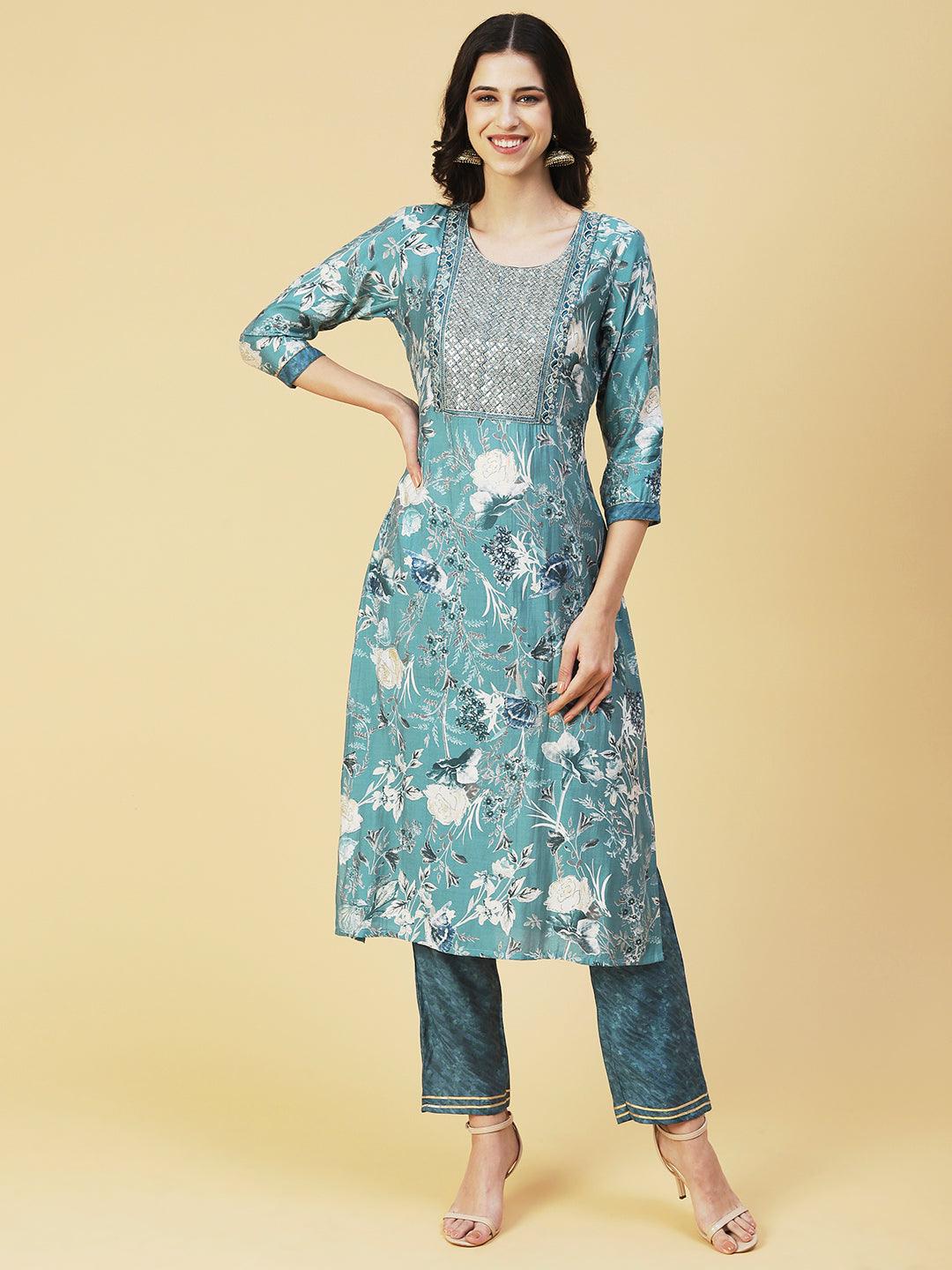 Floral Printed Zari Embroidered Kurta With Pants & Dupatta - Sea Green - Indiakreations