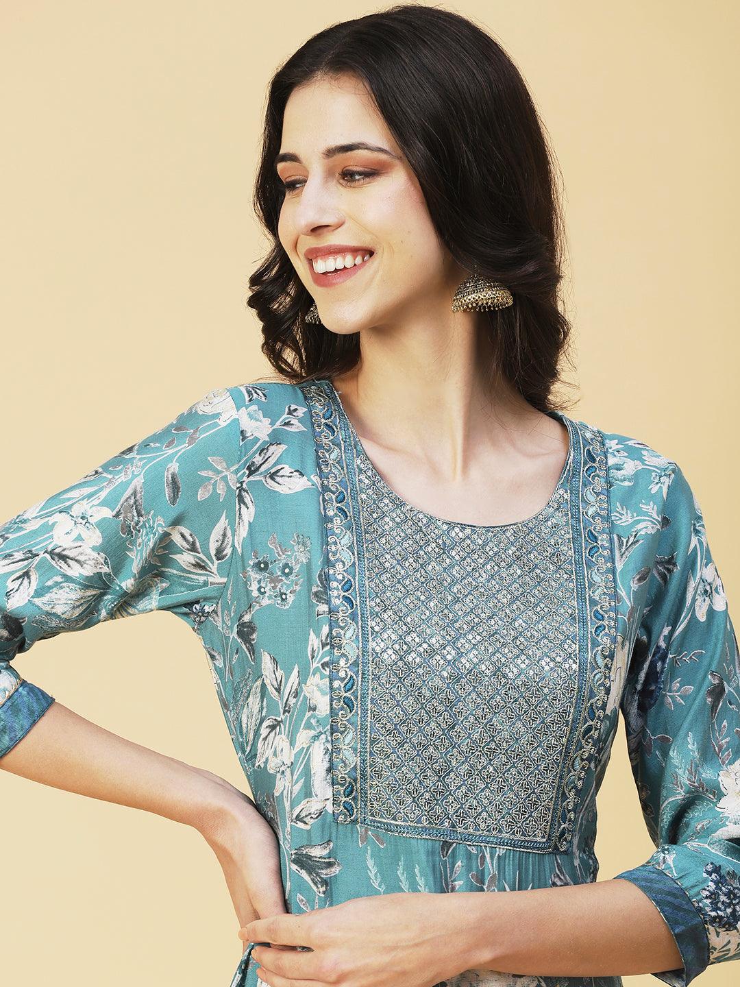 Floral Printed Zari Embroidered Kurta With Pants & Dupatta - Sea Green - Indiakreations