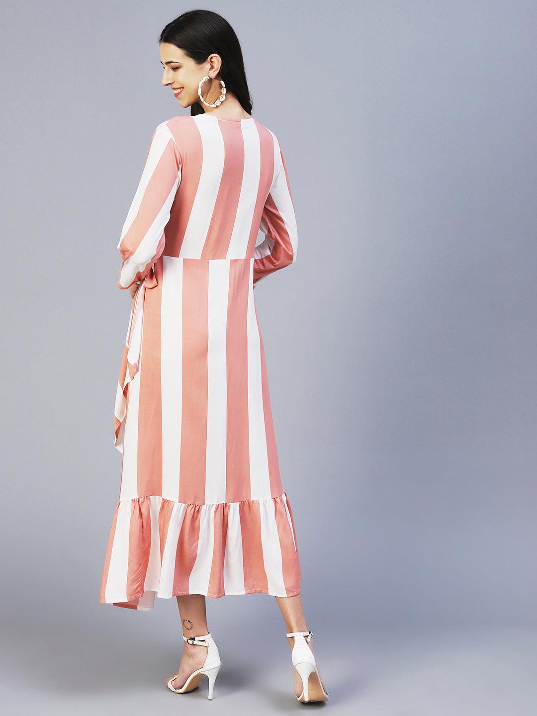 Stripes Printed Wrap Style Maxi Dress - Peach - Indiakreations