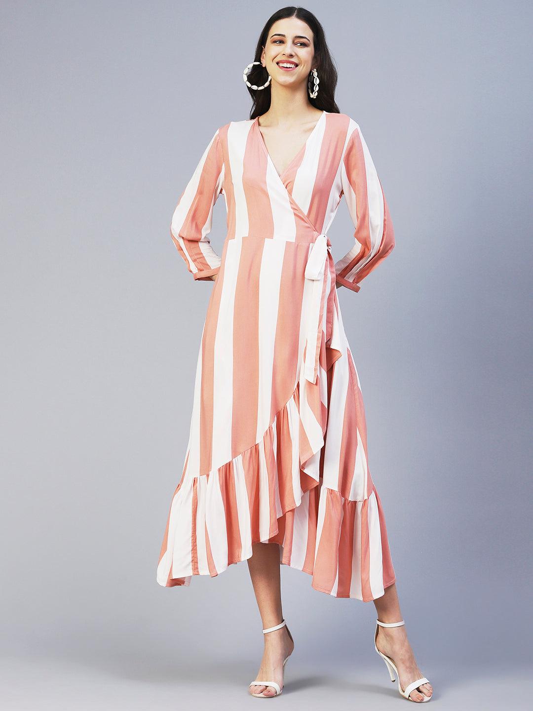 Stripes Printed Wrap Style Maxi Dress - Peach - Indiakreations