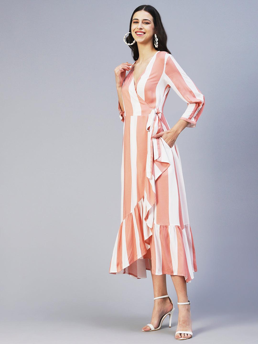 Stripes Printed Wrap Style Maxi Dress - Peach - Indiakreations