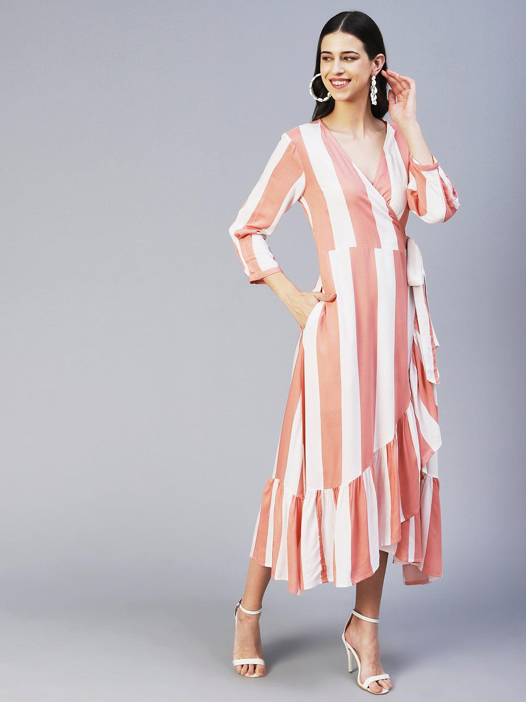 Stripes Printed Wrap Style Maxi Dress - Peach - Indiakreations