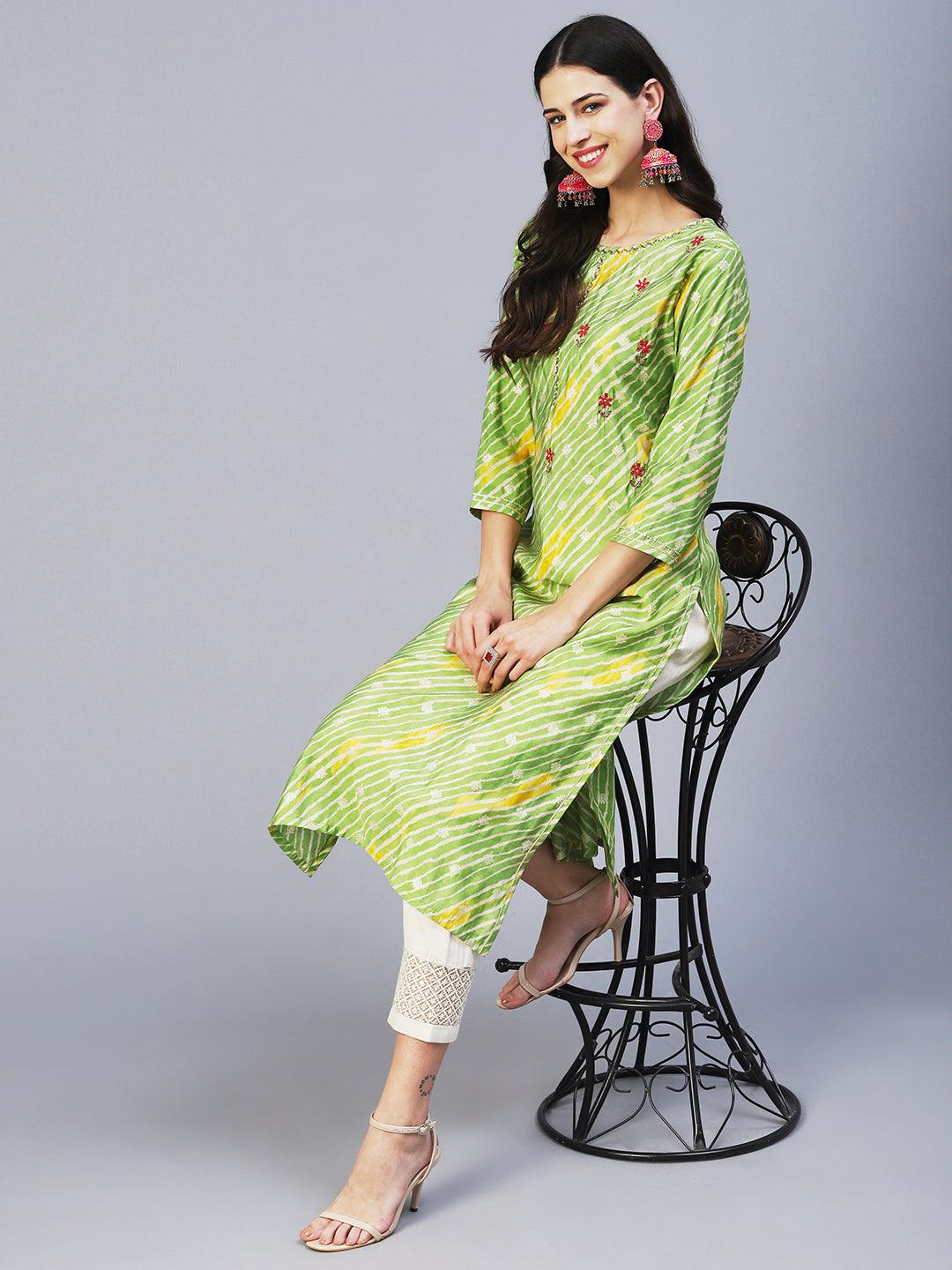 Leheriya Printed & Embroidered Straight Fit Kurta - Green - Indiakreations