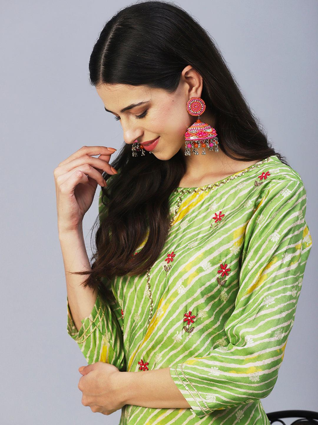 Leheriya Printed & Embroidered Straight Fit Kurta - Green - Indiakreations