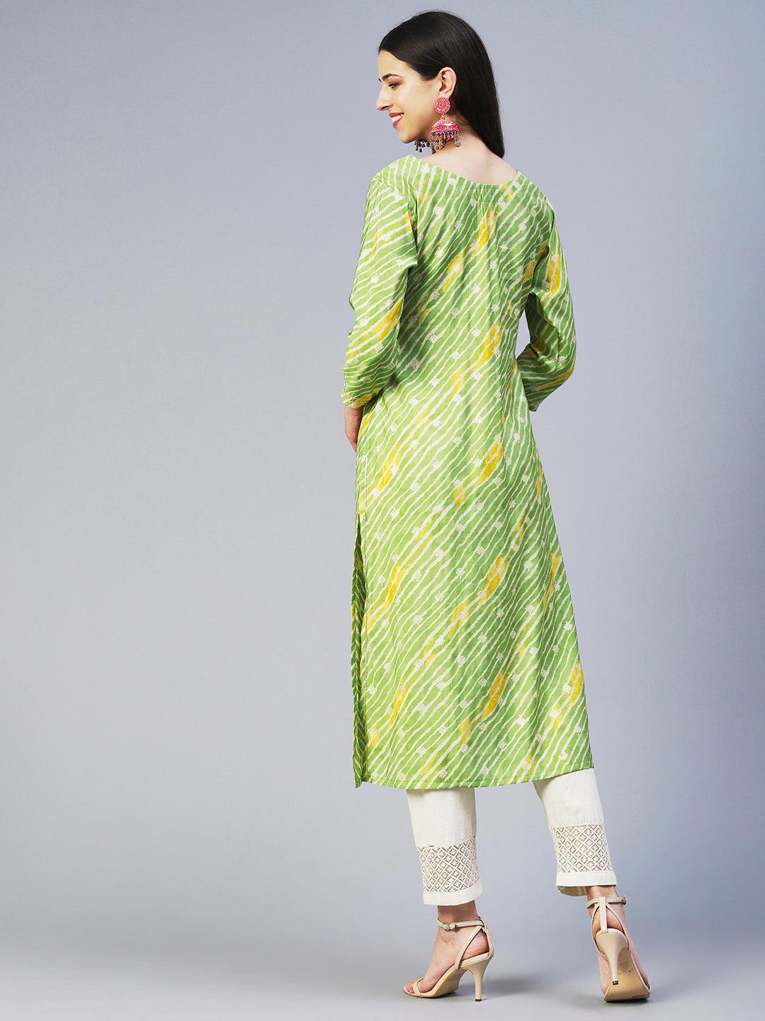 Leheriya Printed & Embroidered Straight Fit Kurta - Green - Indiakreations