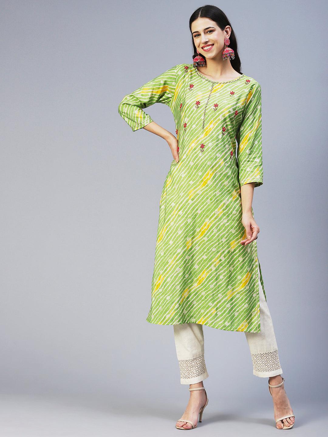 Leheriya Printed & Embroidered Straight Fit Kurta - Green - Indiakreations