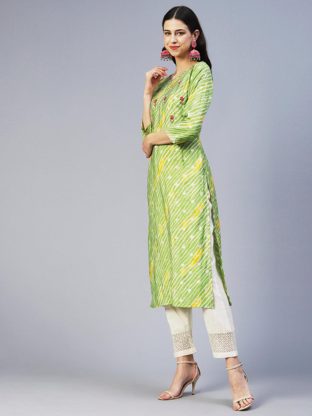 Leheriya Printed & Embroidered Straight Fit Kurta - Green - Indiakreations