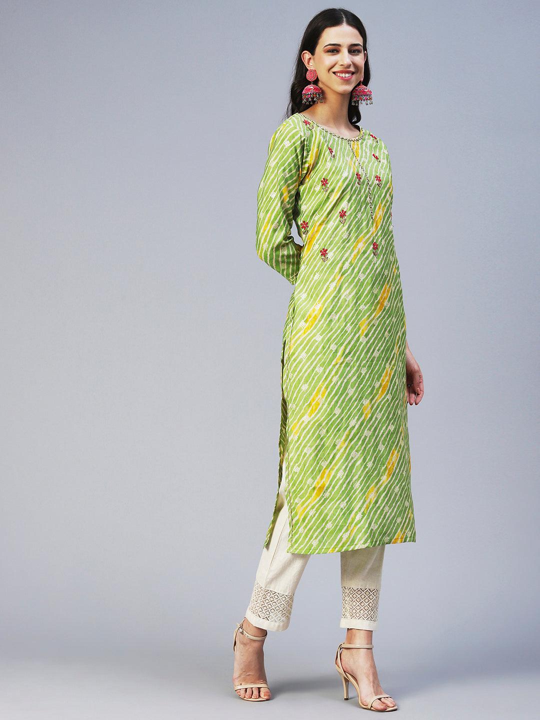 Leheriya Printed & Embroidered Straight Fit Kurta - Green - Indiakreations