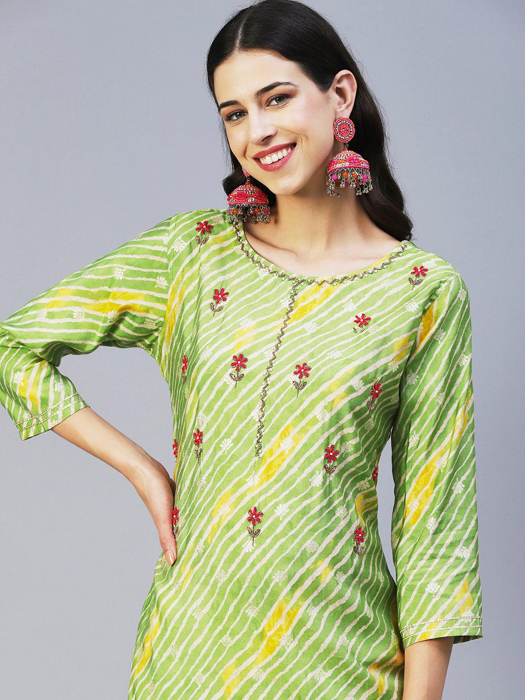 Leheriya Printed & Embroidered Straight Fit Kurta - Green - Indiakreations