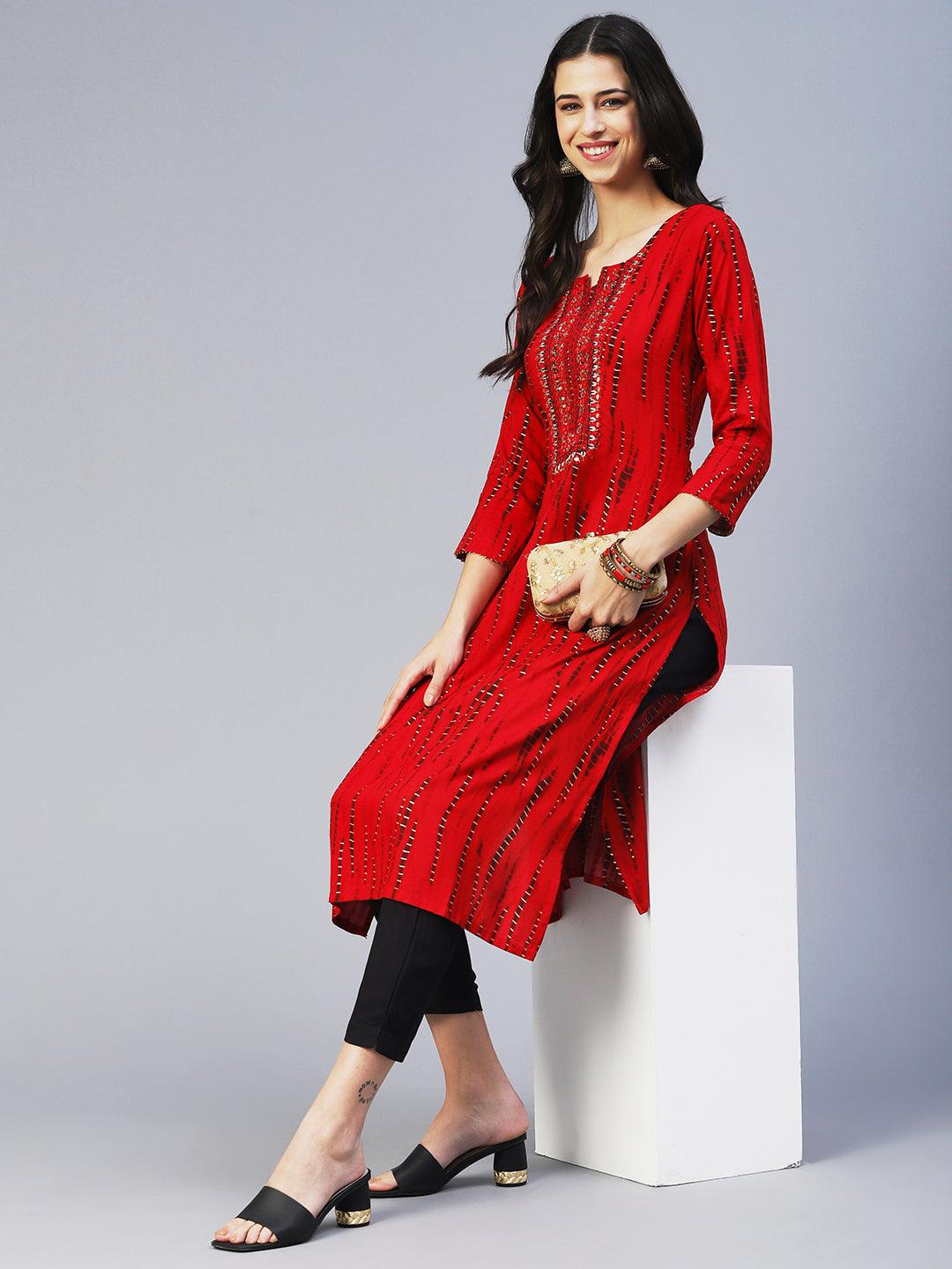 Shibori Printed Mirror Embroidered Kurta - Red - Indiakreations