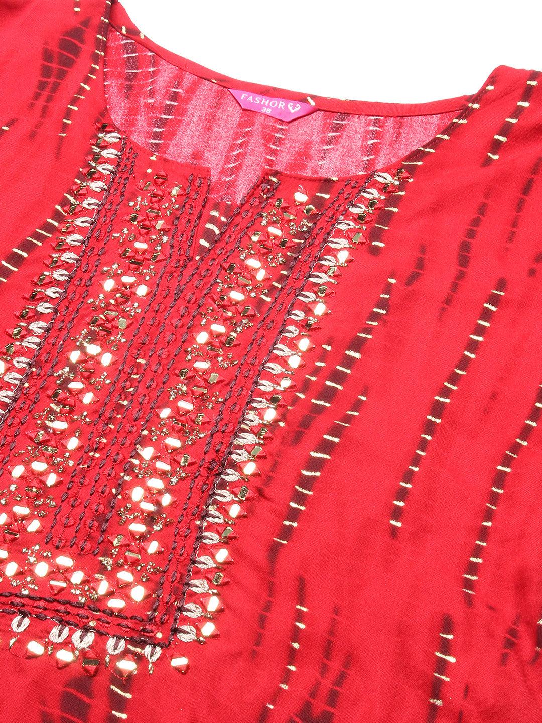 Shibori Printed Mirror Embroidered Kurta - Red - Indiakreations