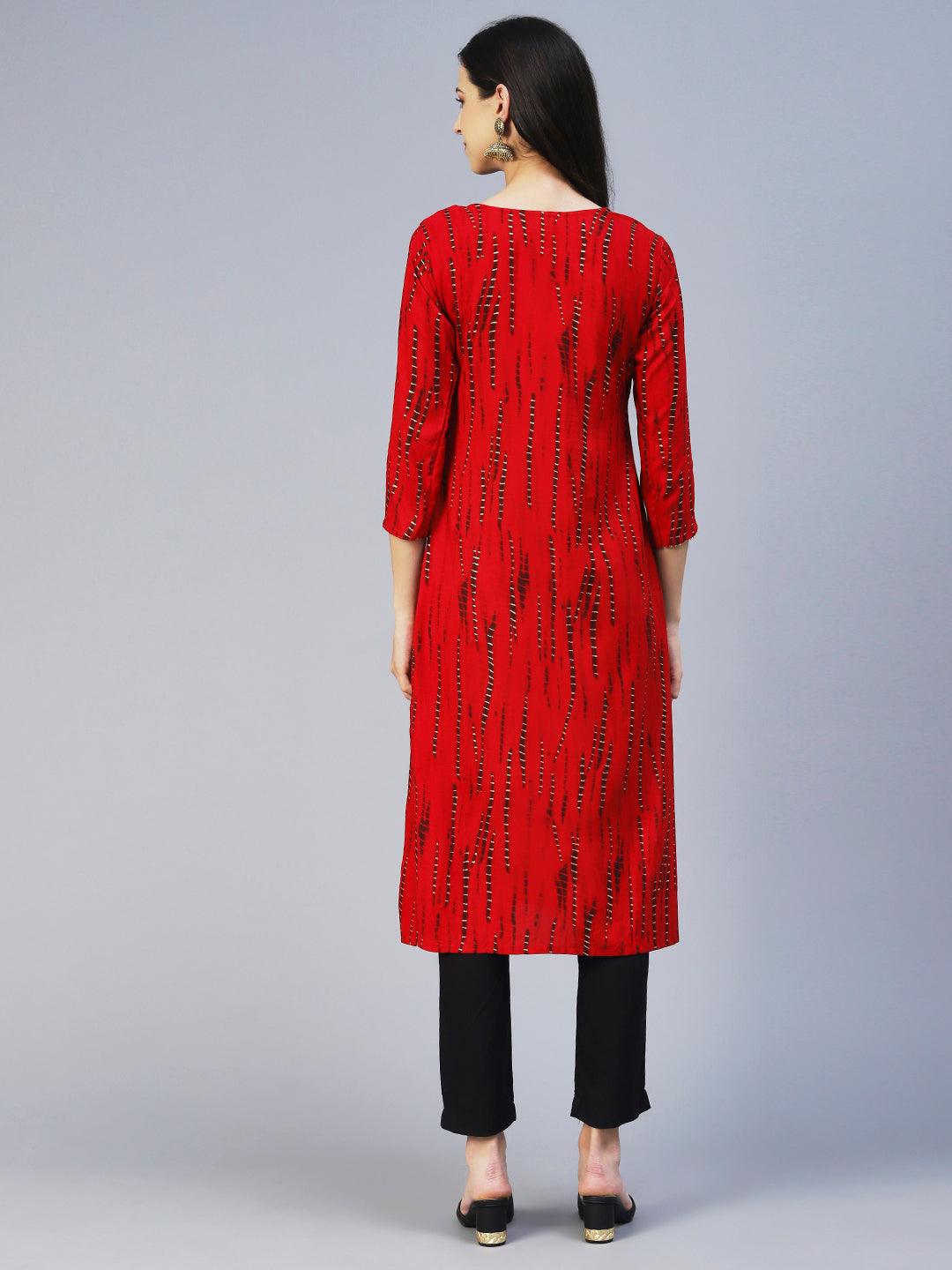 Shibori Printed Mirror Embroidered Kurta - Red - Indiakreations