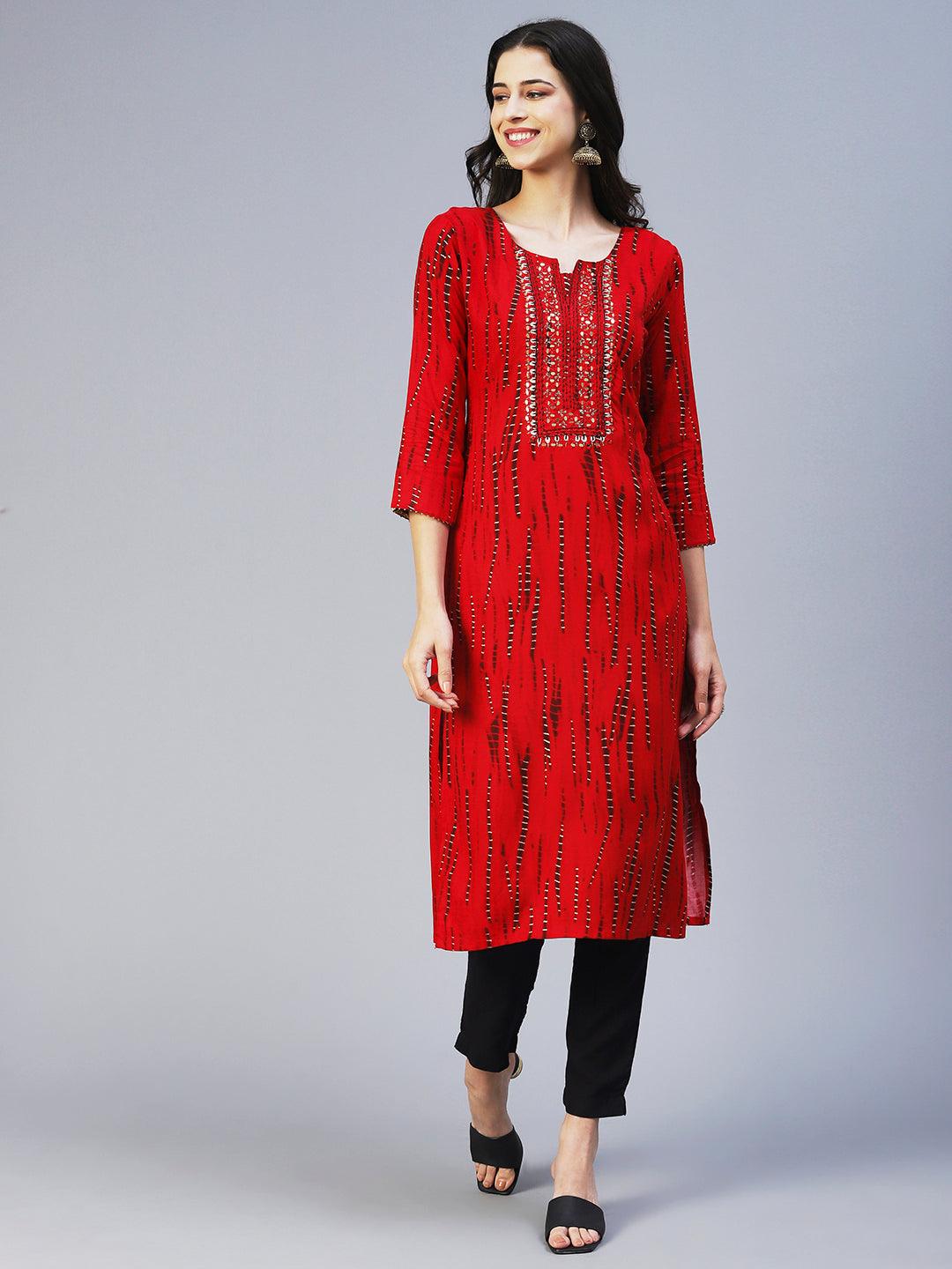 Shibori Printed Mirror Embroidered Kurta - Red - Indiakreations