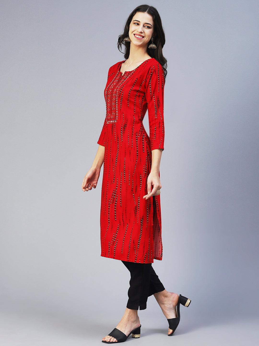 Shibori Printed Mirror Embroidered Kurta - Red - Indiakreations