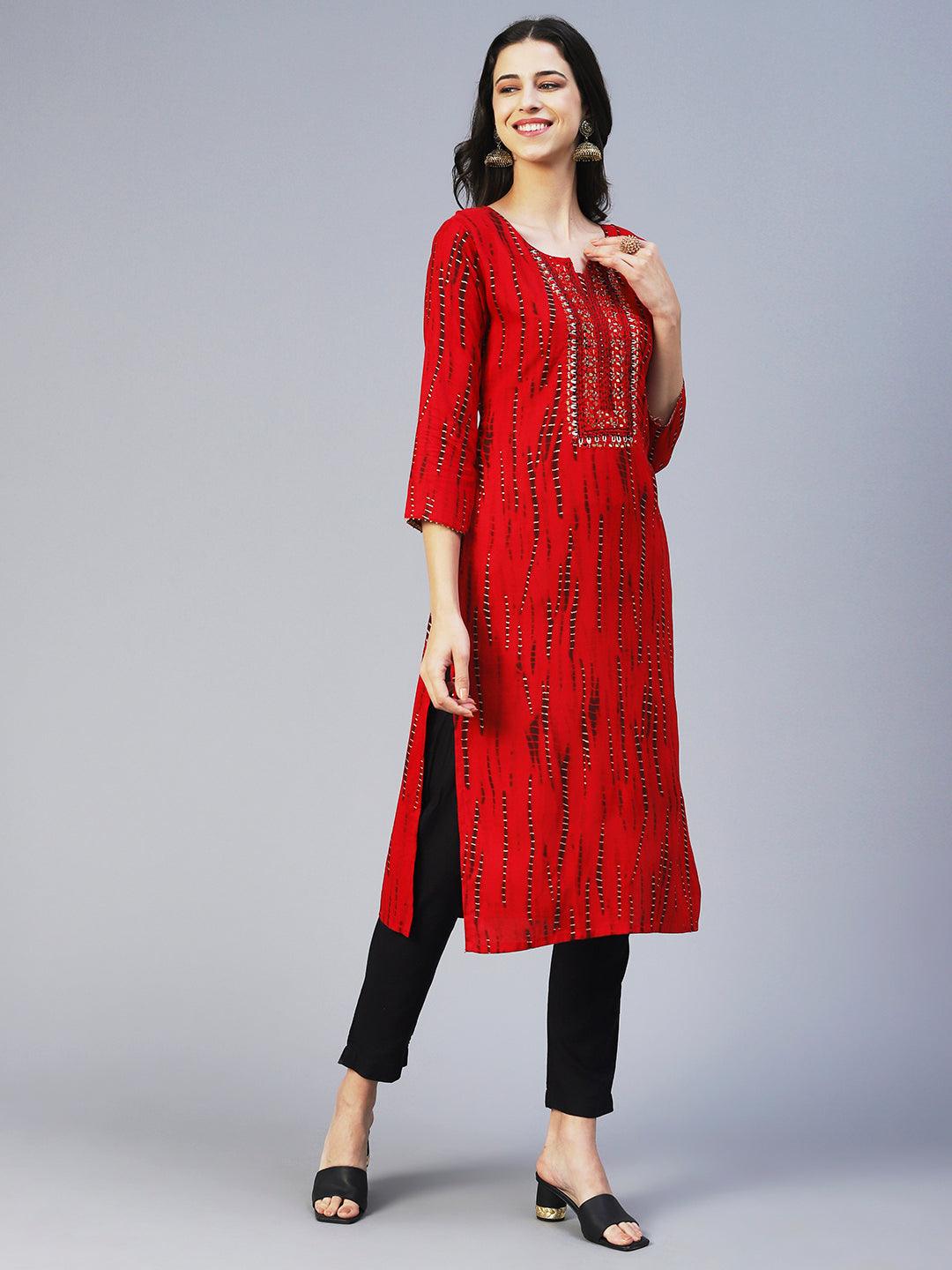 Shibori Printed Mirror Embroidered Kurta - Red - Indiakreations